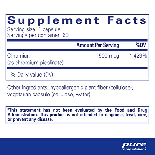 Pure Encapsulations Chromium (Picolinate) 500 mcg - for Lipid & Carbohydrate Metabolism* - Mineral Supplement - Superior Absorption Chromium Supplement - Vegan & Gluten Free - 60 Capsules