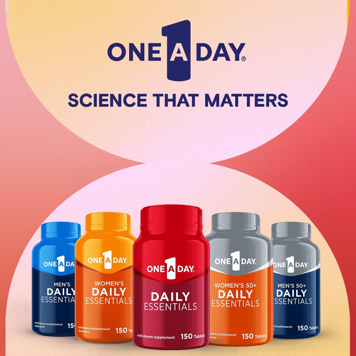 One-A-Day Daily Essentials, Multivitamin for Women & Men, Supports Healthy Brain and Muscle Function and Immune Health, Adult Multivitamin with Vitamin D, Vitamin B12, and Vitamin E, 150 Count