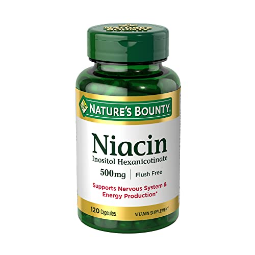 Nature's Bounty Niacine 500 mg Sans Flush, Soutien de l'Énergie Cellulaire, Soutient la Santé du Système Nerveux, 120 Capsules