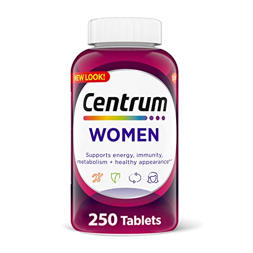 Centrum Multivitamin for Women, suplemento multivitamínico y multimineral con hierro, vitamina D3, vitaminas B y vitaminas antioxidantes C y E, sin gluten, ingredientes sin OGM, 250 unidades