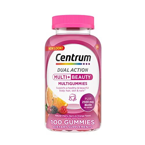 Centrum MultiGummies Multi+ Beauty Multivitamínico de doble acción, especialmente diseñado con biotina para un cabello, una piel y unas uñas saludables, sabores cereza/baya/naranja - 100 unidades