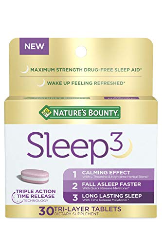 Nature's Bounty Mélatonine, Sleep3 Somnifère 100 % sans médicament à concentration maximale, Complément alimentaire, L-Théanine et mélange d'herbes nocturnes Technologie de libération prolongée, 10 mg, 30 comprimés à trois couches