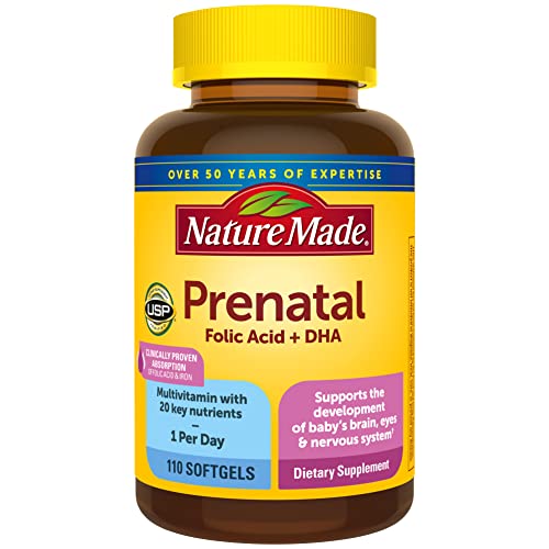 Nature Made Prenatal avec acide folique + DHA, supplément prénatal en vitamines et minéraux pour un soutien nutritionnel quotidien, 110 gélules, approvisionnement pour 110 jours