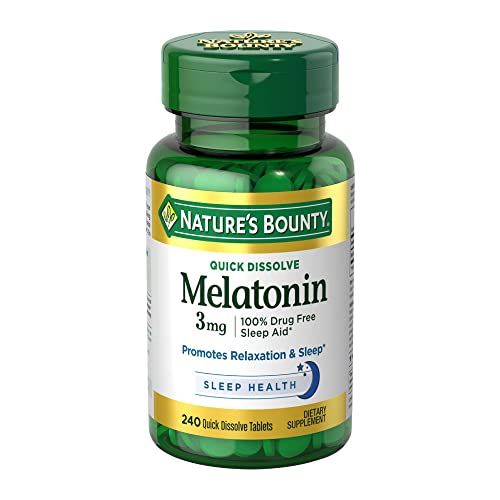 Nature’s Bounty Melatonin 3mg, 100% Drug Free Sleep Aids for Adults, Supports Relaxation and Sleep, Dietary Supplement, 240 Count (Cherry Flavour - Packaging May Vary)