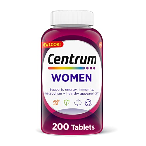 Tabletas multivitamínicas Centrum para mujeres, suplemento multivitamínico/multimineral con hierro, vitamina D3, vitaminas B y vitaminas antioxidantes C y E, sin gluten, ingredientes sin OGM, 200 unidades