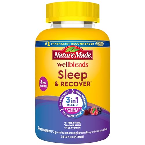 Nature Made Wellblends Sleep and Recover, aide au sommeil avec mélatonine 3 mg pour favoriser un sommeil réparateur, plus L-théanine 200 mg et citrate de magnésium, 44 gummies