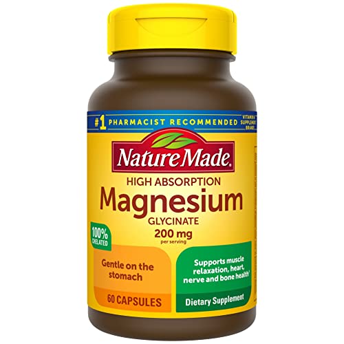 Nature Made Magnesium Glycinate 200 mg per Serving, Magnesium Supplement for Muscle, Heart, Nerve and Bone Support, 60 Magnesium Bisglycinate Capsules, 30 Day Supply