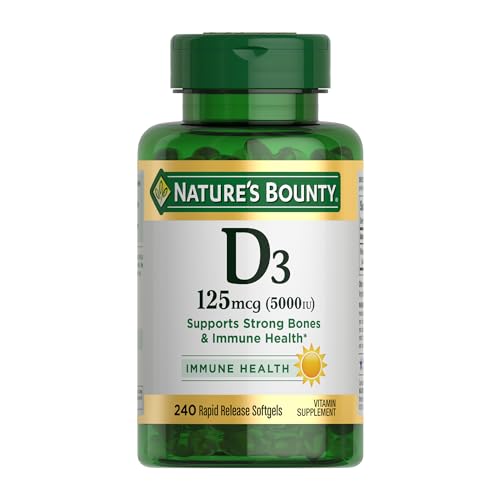 Nature's Bounty Vitamine D3, soutien immunitaire, 125 mcg (5000 UI), gélules à libération rapide, 240 unités