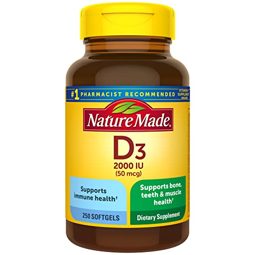 Nature Made Vitamine D3 2000 UI (50 mcg), complément alimentaire pour le soutien de la santé des os, des dents, des muscles et du système immunitaire, 250 gélules, approvisionnement pour 250 jours