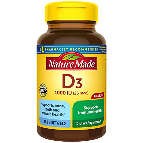 Nature Made Vitamine D3 1000 UI (25 mcg), complément alimentaire pour le soutien de la santé des os, des dents, des muscles et du système immunitaire, 180 gélules molles, approvisionnement pour 180 jours