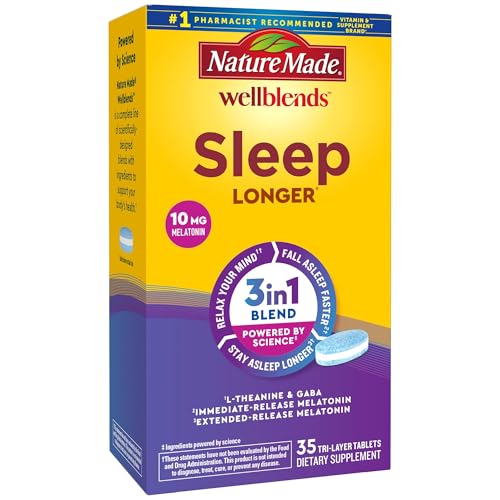 Nature Made Wellblends Sleep Longer, Melatonin 10mg, L theanine 100 mg, and GABA 100mg, Sleep Supplement, 35 Tri-Layer Tablets