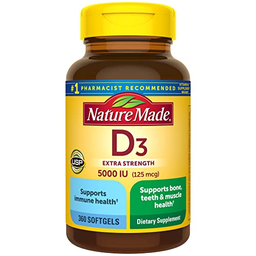 Nature Made Extra Strength Vitamin D3 5000 IU (125 mcg), Dietary Supplement for Bone, Teeth, Muscle and Immune Health Support, 360 Softgels, 360 Day Supply