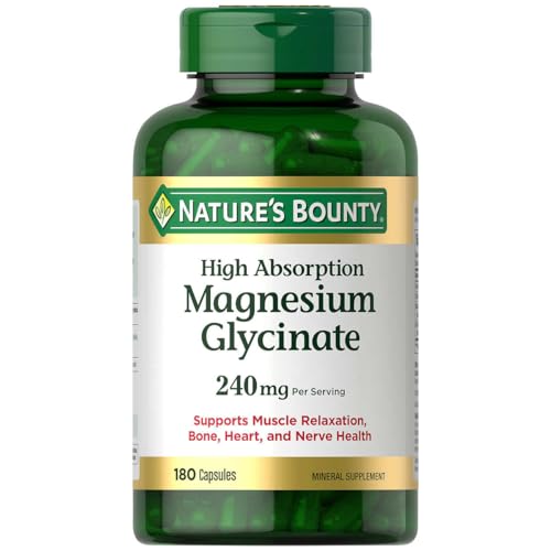 Paquete genérico de glicinato de magnesio Natures Bountys de 240 mg, 180 cápsulas, suministro para 90 días para favorecer la relajación muscular y la salud de los huesos, el corazón y los nervios