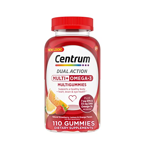 Centrum MultiGummies Multi+ Omega 3 Dual Action, multivitamínico para adultos, suplemento multivitamínico/multimineral/omega 3, sabores fresa/limón/naranja, 110 unidades