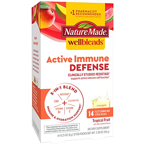 Nature Made Wellblends Mélange pour boisson gazeuse Active Immune Defense, ResistAid, vitamine C 500 mg, vitamine D 1 000 UI, zinc et électrolytes en poudre, 14 sachets