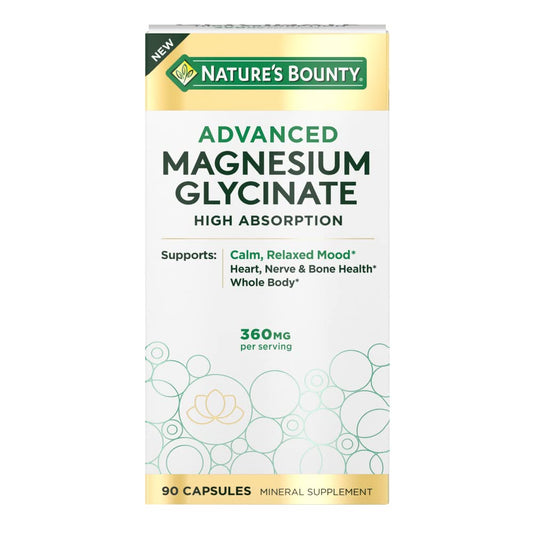 Nature's Bounty High Absorption Magnesium Glycinate, Supports a Calm & Relaxed Mood, Heart, Nerves, Muscle & Bone Health Support, 90 Capsules