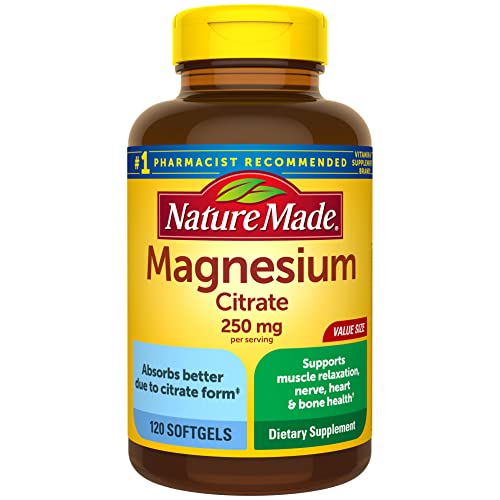 Nature Made Magnesium Citrate 250 mg per serving, Magnesium Supplement for Muscle, Nerve, Bone and Heart Support, 120 Softgels, 60 Day Supply