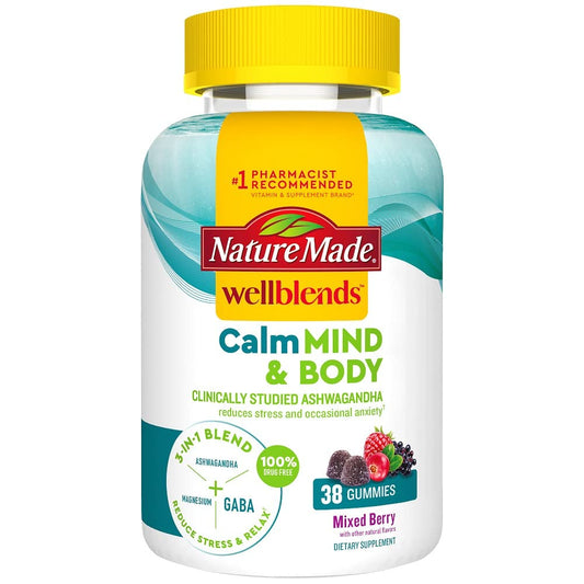 Nature Made Wellblends Calm Mind &amp; Body, mélange de citrate de magnésium, d'ashwagandha 125 mg et de GABA 100 mg pour soulager le stress, 38 vitamines gélifiées