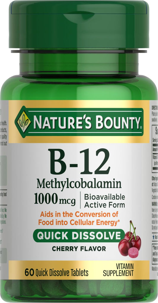 Comprimés à dissolution rapide de vitamine B-12 de Nature's Bounty, 1 000 mcg, favorisent la conversion des aliments en énergie cellulaire, saveur cerise, 60 ct