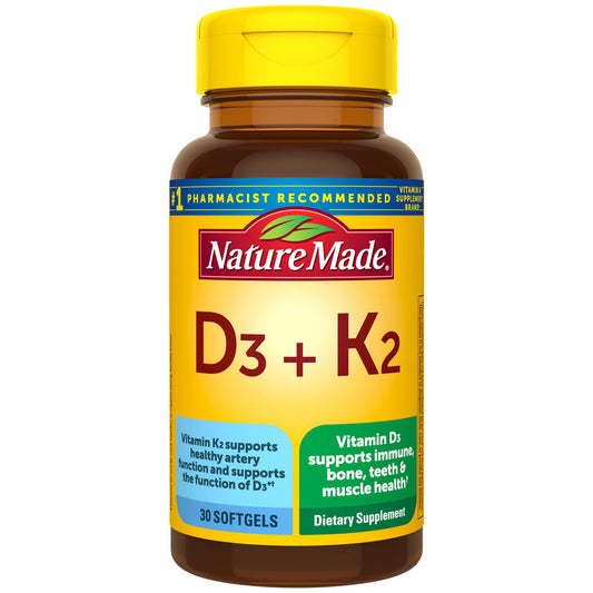 Nature Made Vitamine D3 K2, 5000 UI (125 mcg) Vitamine D, Complément alimentaire pour le soutien de la santé des os, des dents, des muscles et du système immunitaire, 30 gélules molles, approvisionnement de 30 jours