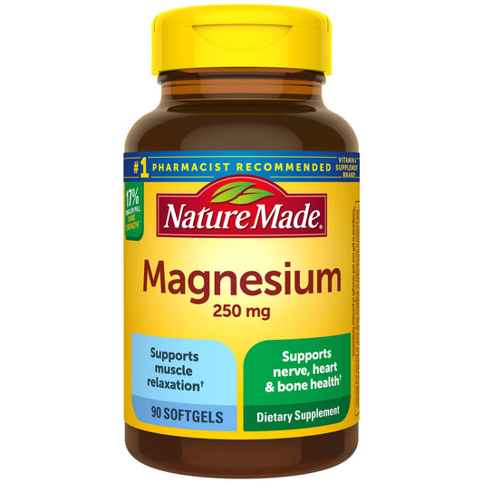 Nature Made Magnesium 250 mg, Magnesium Supplement for Muscle, Heart, Bone and Nerve Support, 90 Softgels, 90 Day Supply