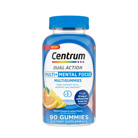 Centrum MultiGummies Multi+ Dual Action Mental Focus Multivitamínico para adultos con cafeína de té verde, favorece la concentración mental, la atención y el estado de alerta, sabores limón/naranja - 90 unidades