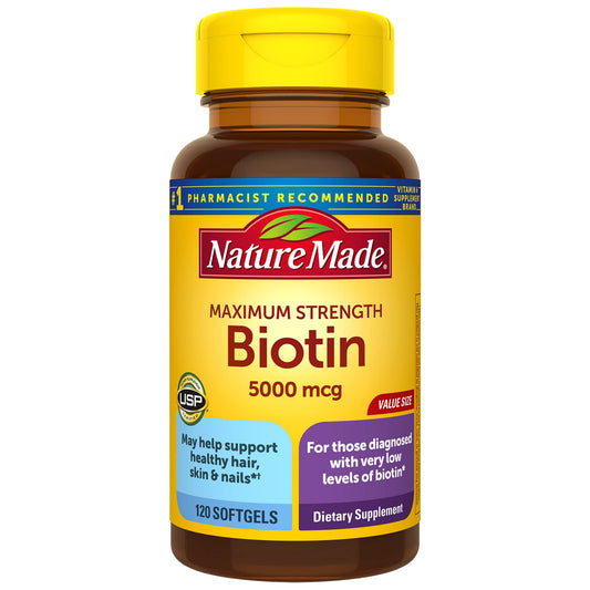 Nature Made Maximum Strength Biotin 5000 mcg, Dietary Supplement may help support Healthy Hair, Skin & Nails, 120 Softgels