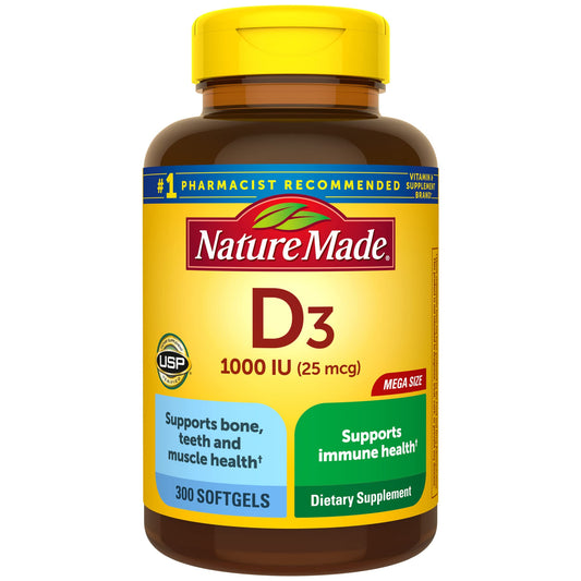 Nature Made Vitamine D3 1000 UI (25 mcg), complément alimentaire pour le soutien de la santé des os, des dents, des muscles et du système immunitaire, 300 gélules, approvisionnement pour 300 jours