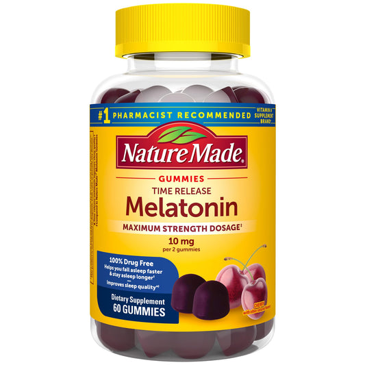 Nature Made Time Release Melatonin 10mg Per Serving Gummies, Maximum Strength Dosage, 100% Drug Free Sleep Aid for Adults, 60 Melatonin Gummies, 30 Day Supply