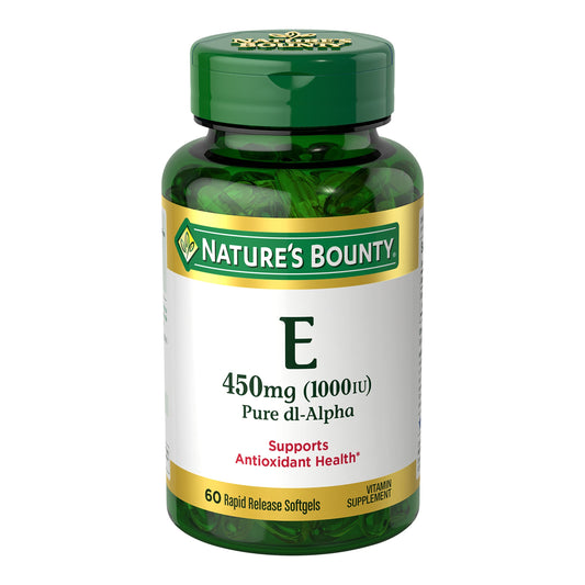 Nature's Bounty Vitamine E 1000 UI Softgels, Soutient la santé antioxydante et le système immunitaire, 1 paquet, 60 Softgels