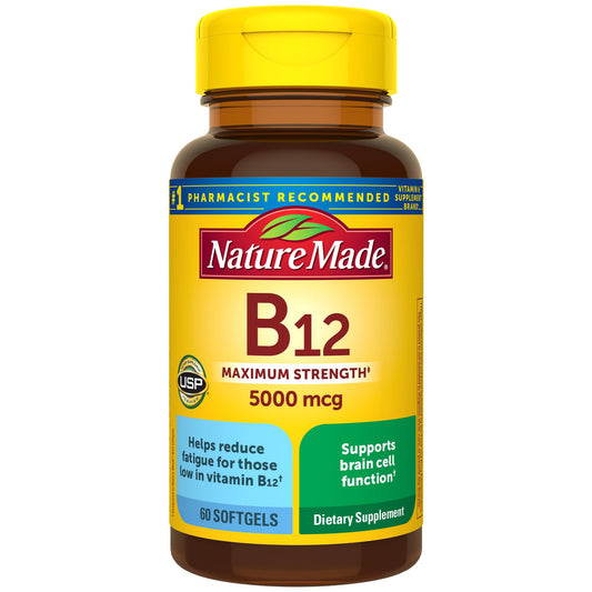 Nature Made Maximum Strength Vitamin B12 5000 mcg, Dietary Supplement for Energy Metabolism Support, 60 Softgels, 60 Day Supply