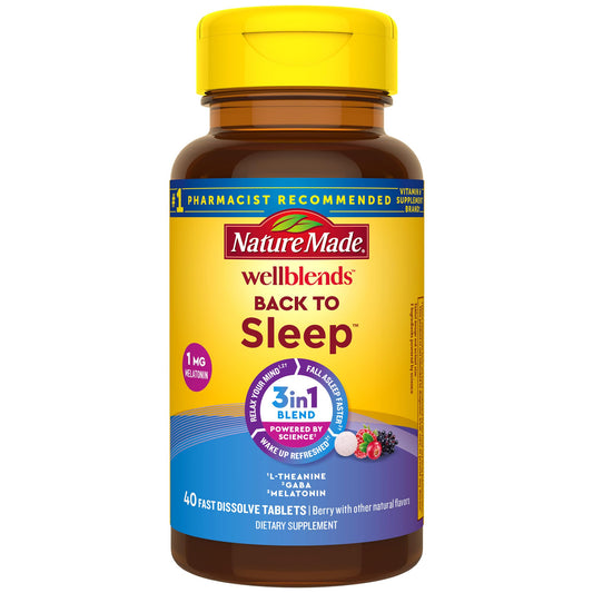 Nature Made Wellblends Back To Sleep, mélatonine à faible dose 1 mg, L-théanine 100 mg et GABA 100 mg, complément pour le sommeil, 40 comprimés à dissolution rapide