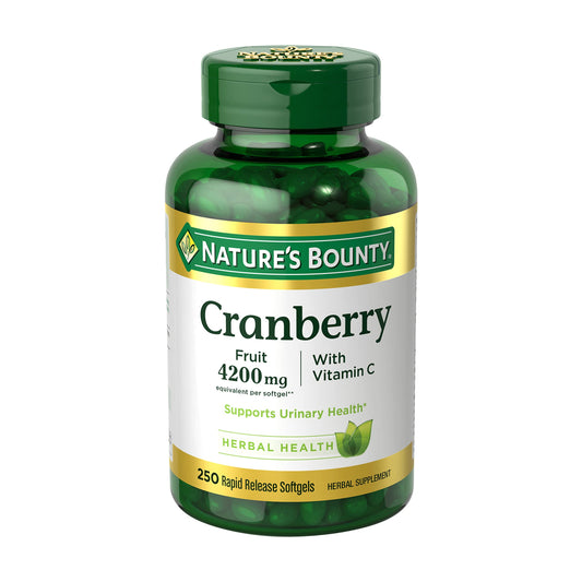 Nature's Bounty Cranberry 4200 mg avec vitamine C, santé urinaire et soutien immunitaire, concentré de canneberge, 250 gélules à libération rapide