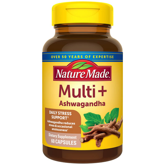 Nature Made Multi + Ashwagandha, Multivitamin for Daily Stress Relief Support, One Per Day Multivitamin, 60 Capsules