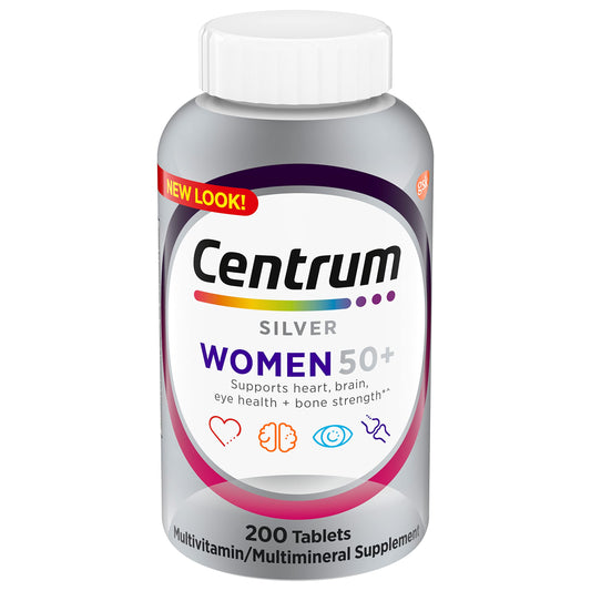 Centrum Silver Women's Multivitamin para mujeres mayores de 50 años, suplemento multivitamínico/multimineral con vitamina D3, vitaminas B, ingredientes sin OGM, favorece la memoria y la cognición en adultos mayores, 200 unidades