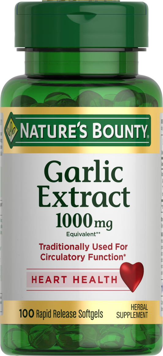 Nature's Bounty Garlic Extract, Herbal Supplement, Supports Circulatory Function, 1000mg, 100 Rapid Release Softgels, Pack of 1