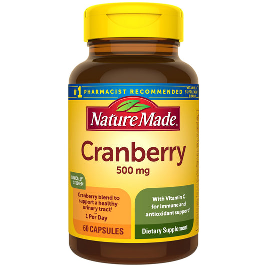 Complément alimentaire à la canneberge Nature Made 500 mg avec vitamine C pour le soutien immunitaire et antioxydant, mélange de canneberges pour la santé des voies urinaires, une par jour, 60 capsules