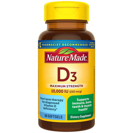 Nature Made Maximum Strength Vitamin D3 10000 IU (250 mcg), Dietary Supplement for Bone, Teeth, Muscle and Immune Health Support, 60 Softgels, 60 Day Supply