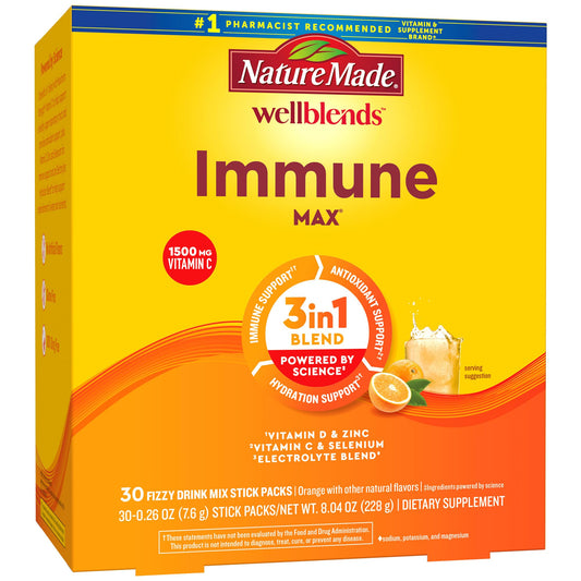 Nature Made Wellblends ImmuneMAX Fizzy Drink Mix, vitamine C 1500 mg, zinc 15 mg, vitamine D3 1000 UI (25 mcg), plus vitamines B et mélange d'électrolytes hydratants, 30 sachets