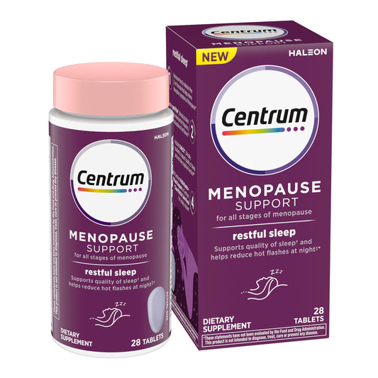 Tabletas de apoyo para la menopausia Centrum Restful Sleep, suplemento con DailyZz y geniVida clínicamente estudiados, 28 unidades