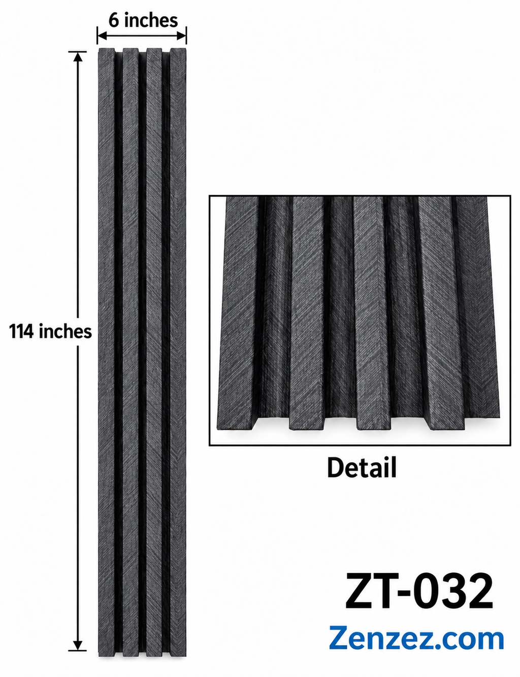 WALL PVC PANEL SLAT 6X114 INCHES = 6 INCHES X 9.5 FEET INTERIOR USE MODEL ZT-032