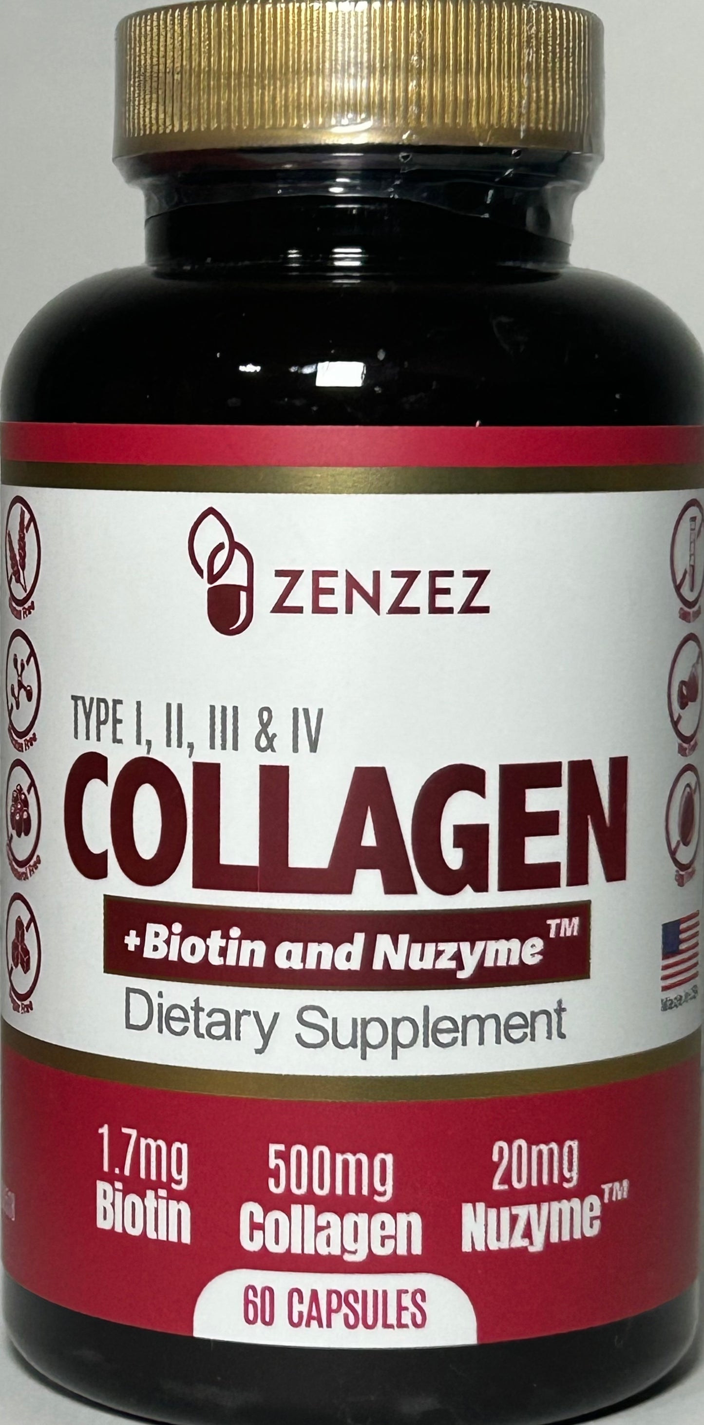 Collagen Type I, II, III, IV,  + Biotin  60 Capsules Zenzez